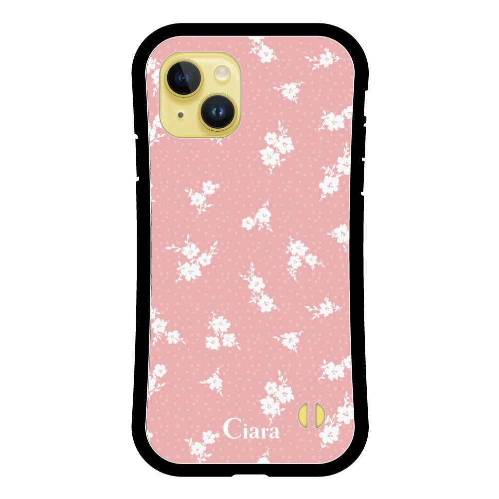 iPhone14Plusケース グリップ 耐衝撃ケース ドットフラワー ピンク