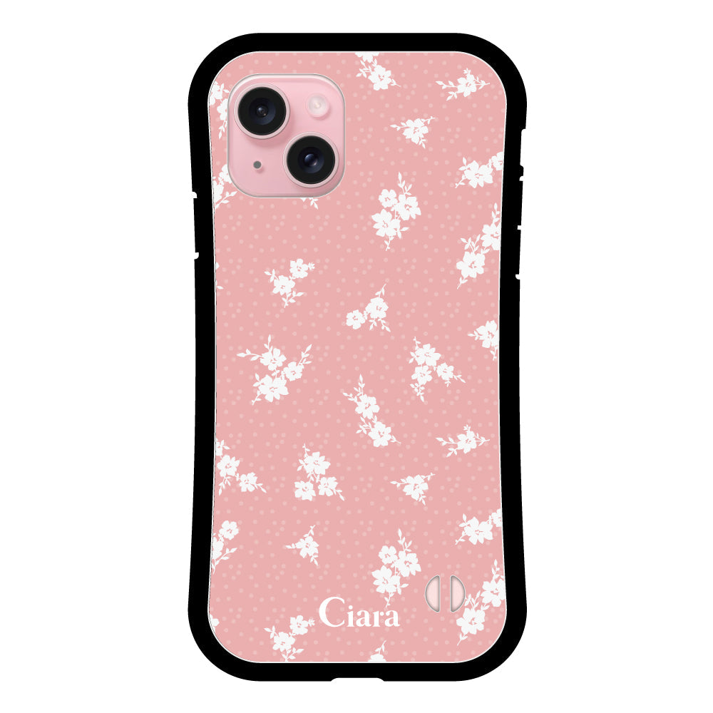 iPhone15ケース グリップ 耐衝撃ケース ドットフラワー ピンク