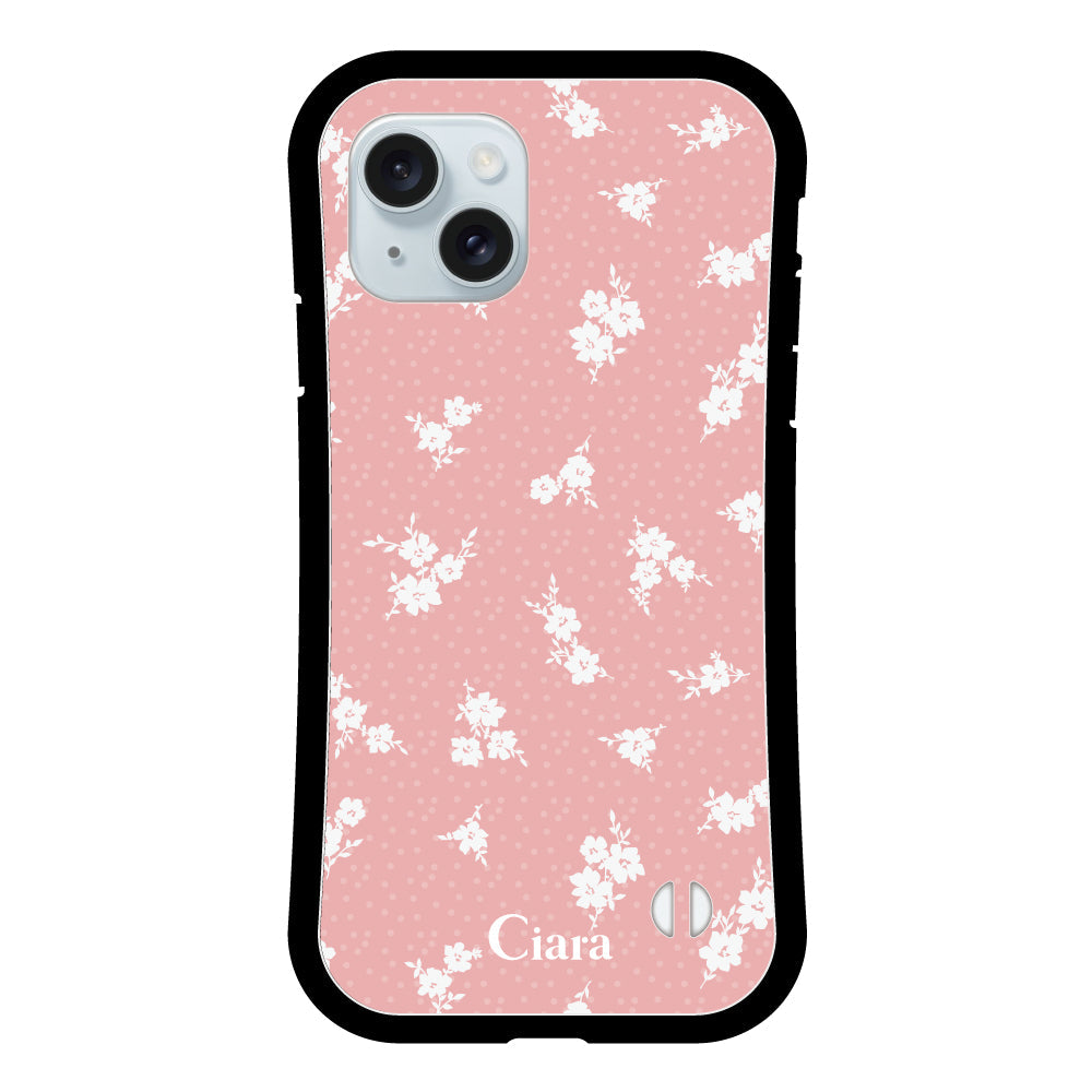 iPhone15Plusケース グリップ 耐衝撃ケース ドットフラワー ピンク