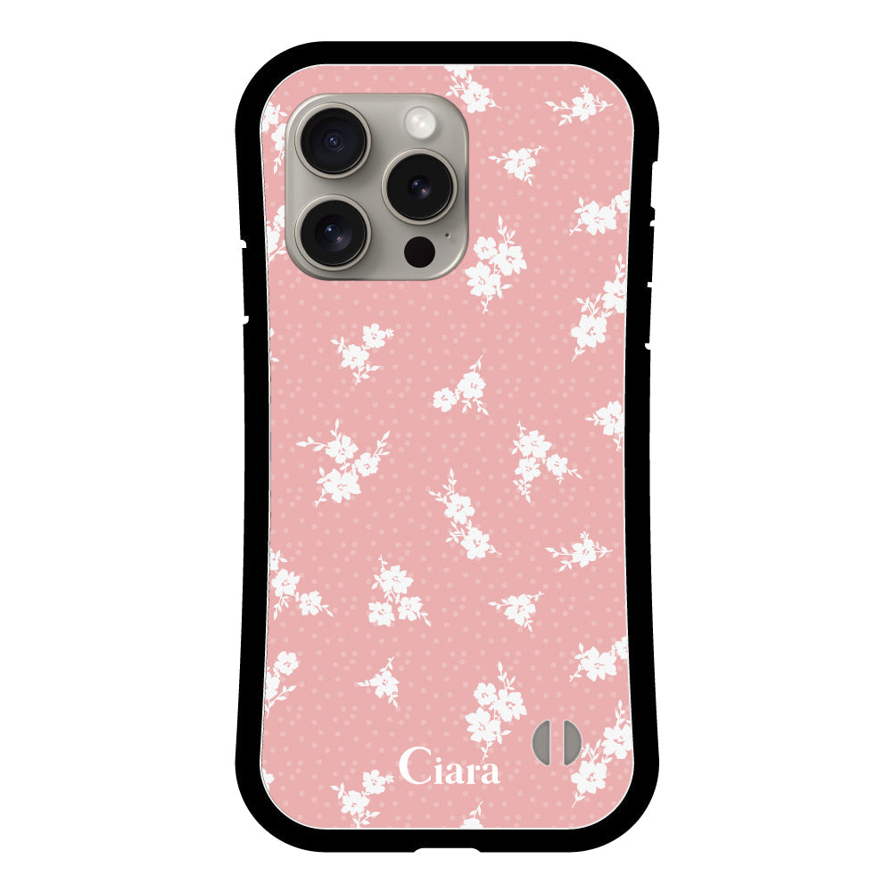 iPhone15Proケース グリップ 耐衝撃ケース ドットフラワー ピンク