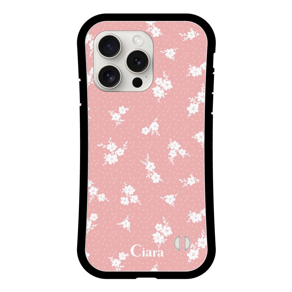 iPhone15ProMaxケース グリップ 耐衝撃ケース ドットフラワー ピンク
