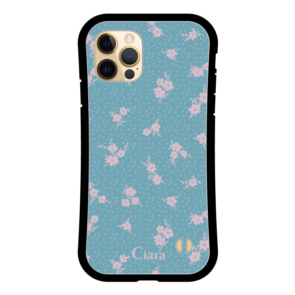 iPhone11ProMaxケース グリップ 耐衝撃ケース ドットフラワー ブルー