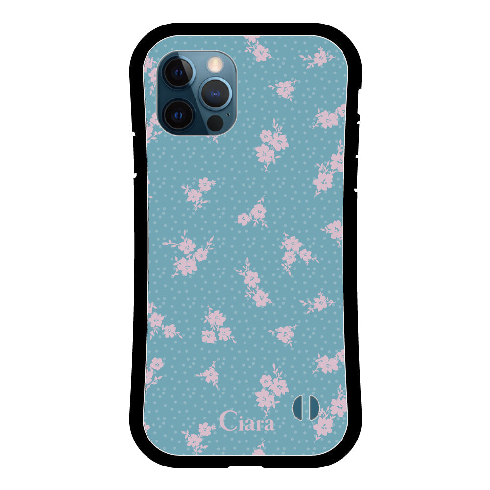 iPhone12ProMaxケース グリップ 耐衝撃ケース ドットフラワー ブルー