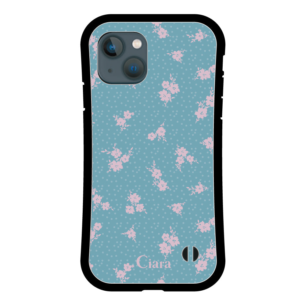 iPhone13miniケース グリップ 耐衝撃ケース ドットフラワー ブルー