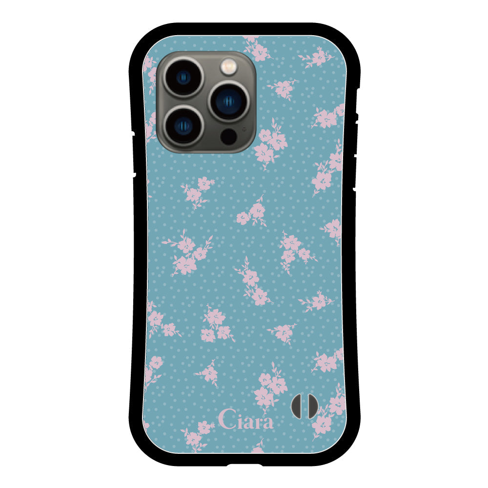 iPhone13Proケース グリップ 耐衝撃ケース ドットフラワー ブルー