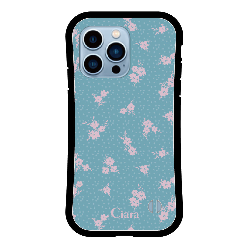 iPhone13ProMaxケース グリップ 耐衝撃ケース ドットフラワー ブルー