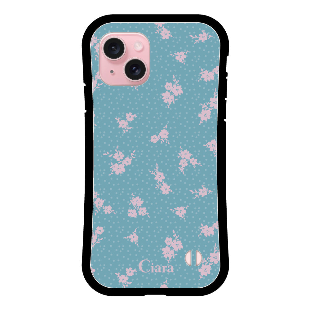 iPhone15ケース グリップ 耐衝撃ケース ドットフラワー ブルー