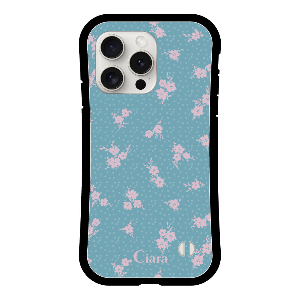 iPhone15ProMaxケース グリップ 耐衝撃ケース ドットフラワー ブルー