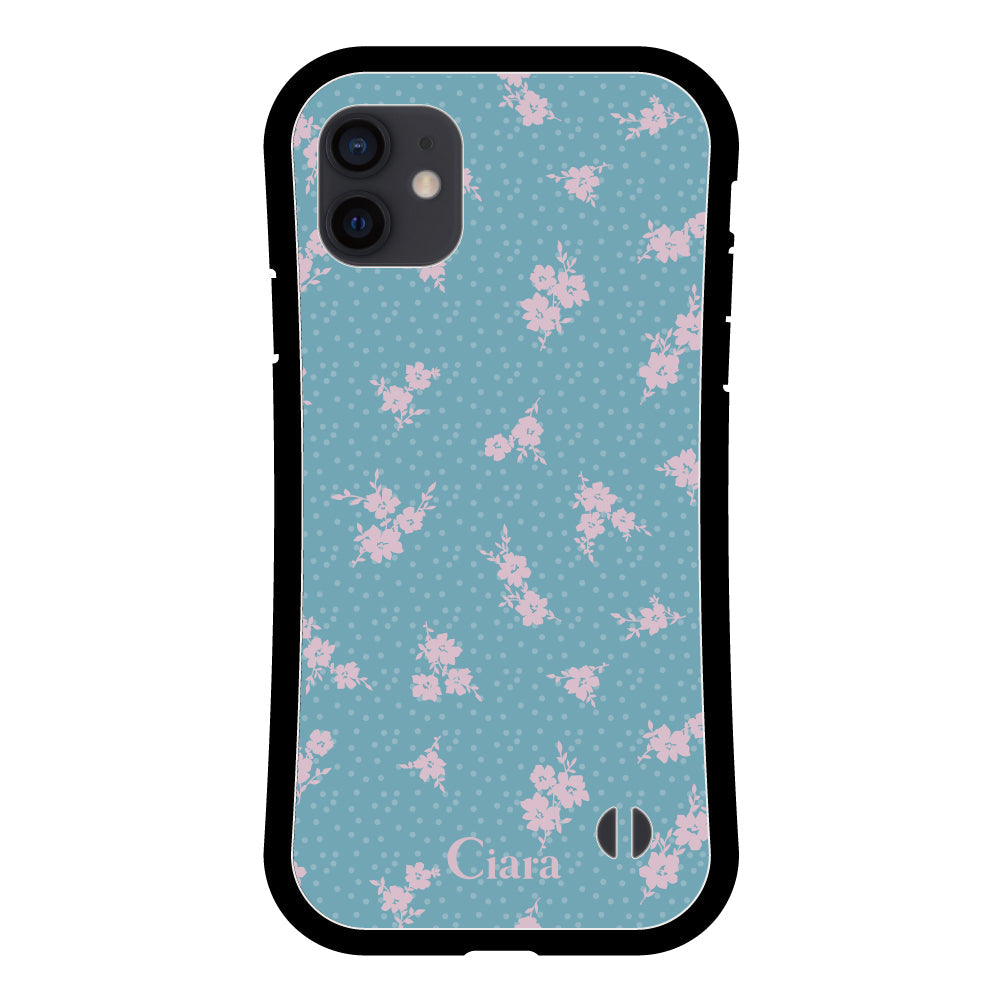 iPhoneXRケース グリップ 耐衝撃ケース ドットフラワー ブルー