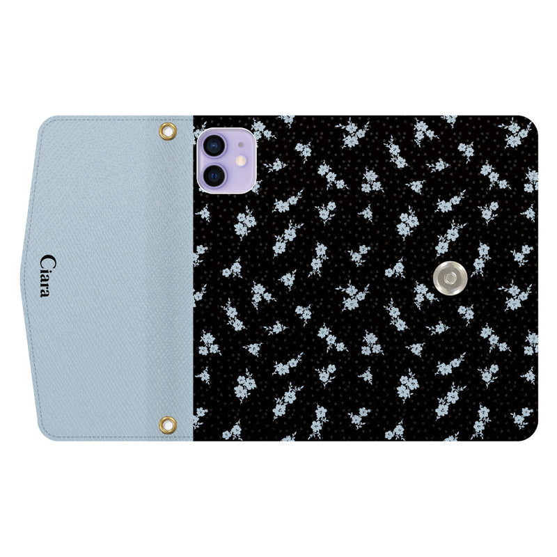 iPhoneケース カード収納 ミラー ストラップ付き レザー 三つ折り 手帳型ケース ドットフラワー