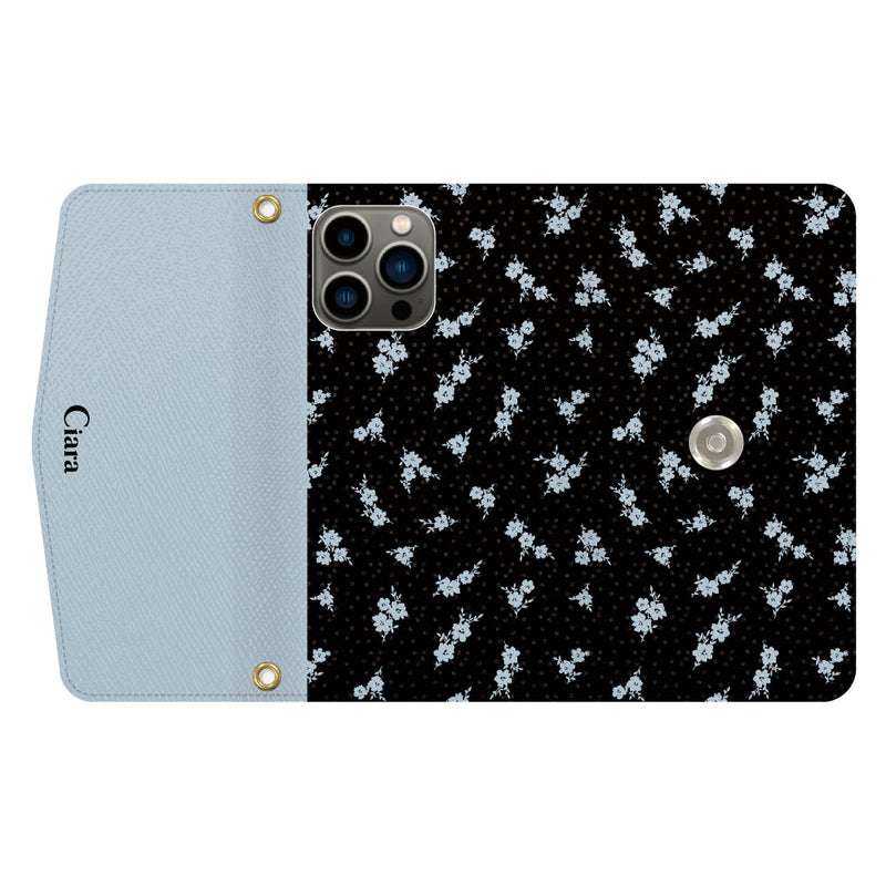 iPhoneケース カード収納 ミラー ストラップ付き レザー 三つ折り 手帳型ケース ドットフラワー