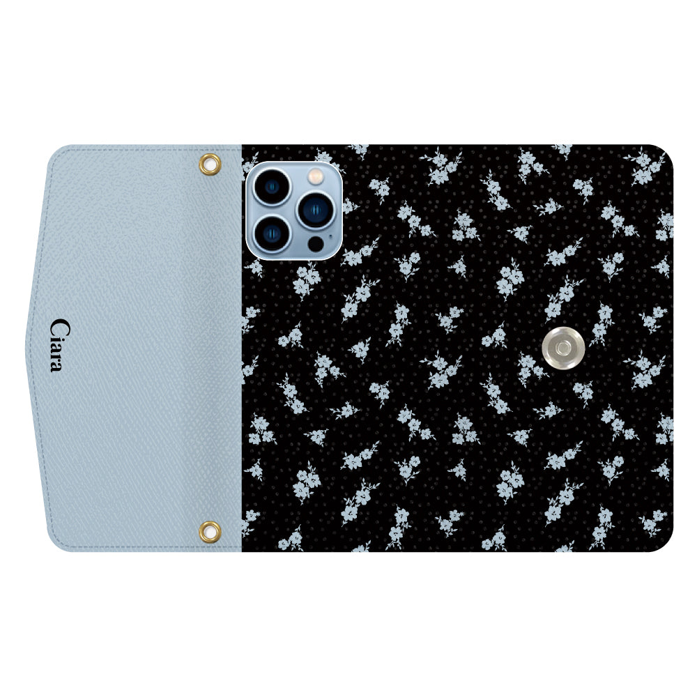 iPhone13ProMaxケース 手帳型カード収納レザーケース ドットフラワー ブラック