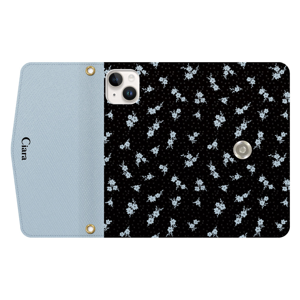 iPhone14ケース 手帳型カード収納レザーケース ドットフラワー ブラック