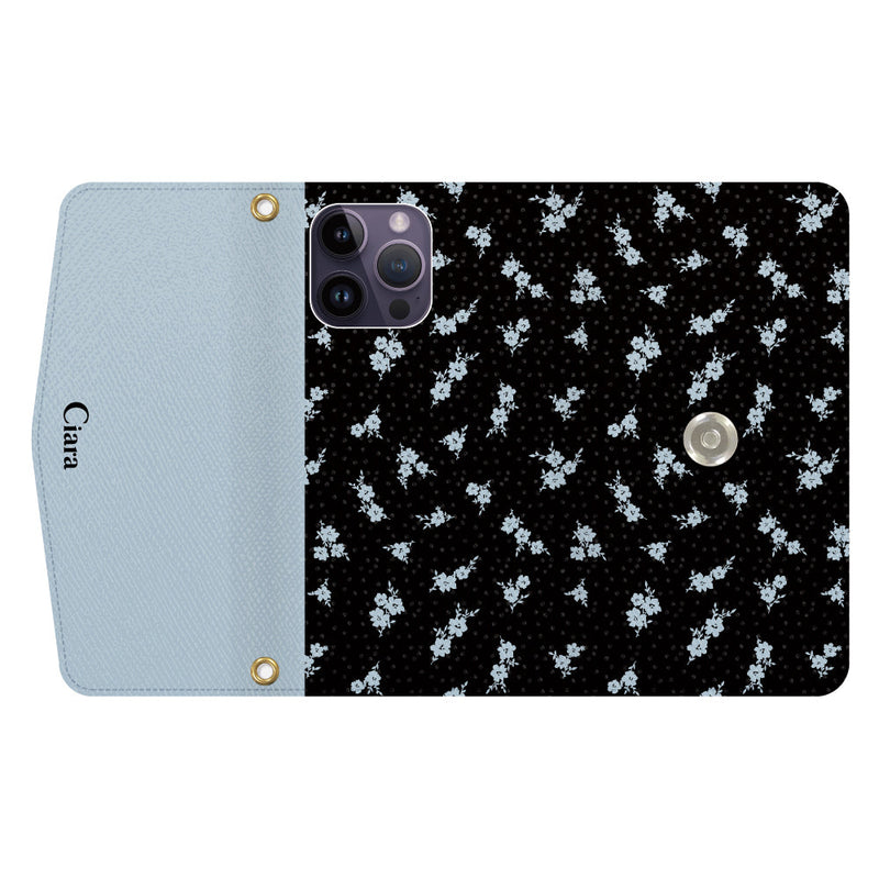 iPhoneケース カード収納 ミラー ストラップ付き レザー 三つ折り 手帳型ケース ドットフラワー