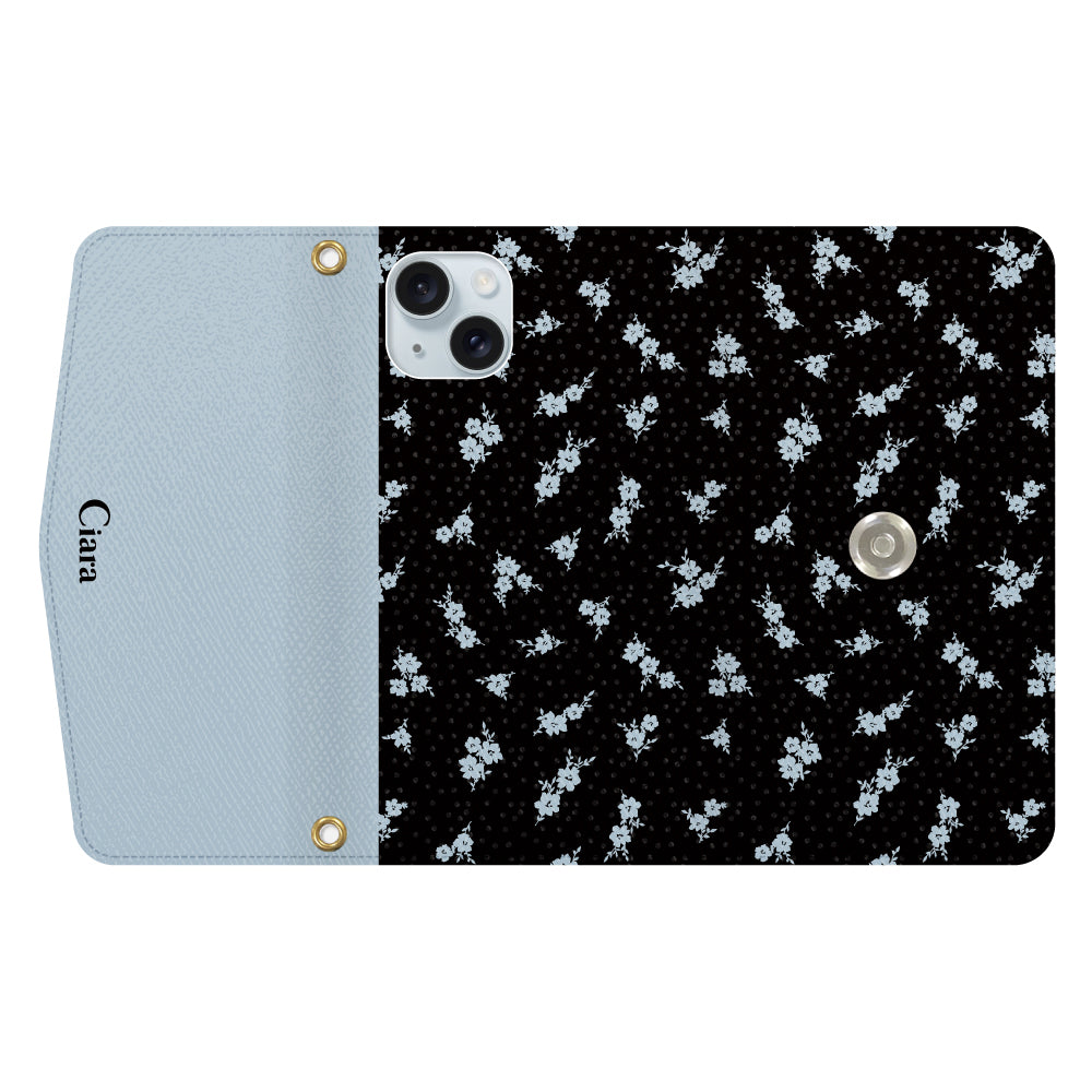 iPhone15Plusケース 手帳型カード収納レザーケース ドットフラワー ブラック