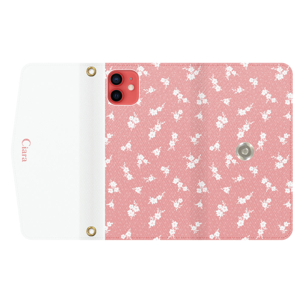 iPhone11ケース 手帳型カード収納レザーケース ドットフラワー ピンク