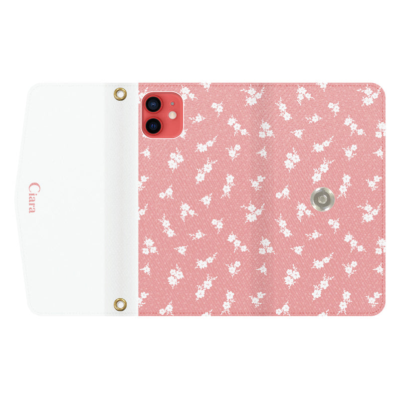 iPhoneケース カード収納 ミラー ストラップ付き レザー 三つ折り 手帳型ケース ドットフラワー