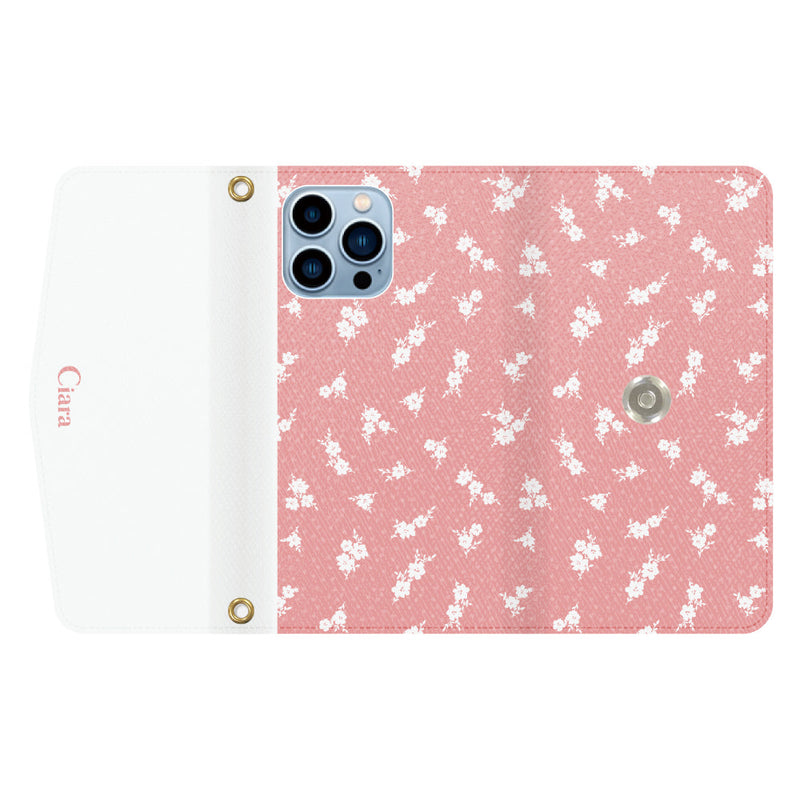 iPhoneケース カード収納 ミラー ストラップ付き レザー 三つ折り 手帳型ケース ドットフラワー