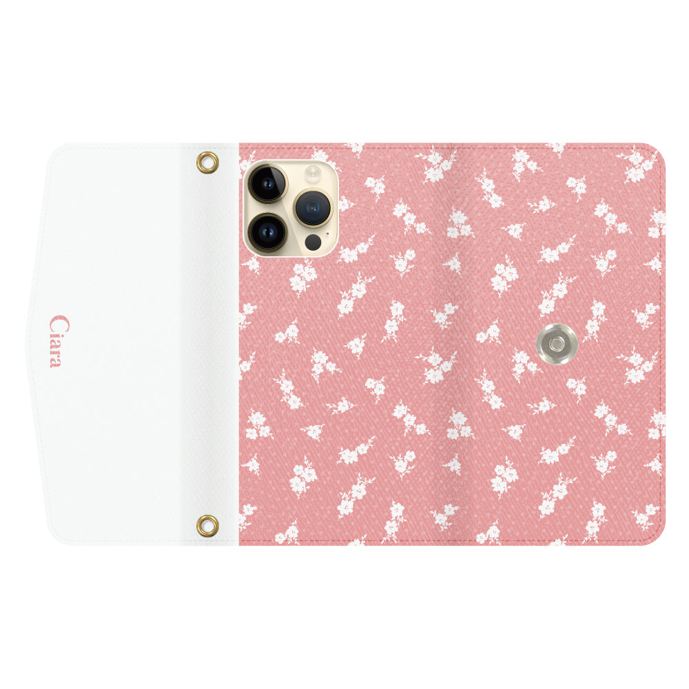 iPhone14Proケース 手帳型カード収納レザーケース ドットフラワー ピンク