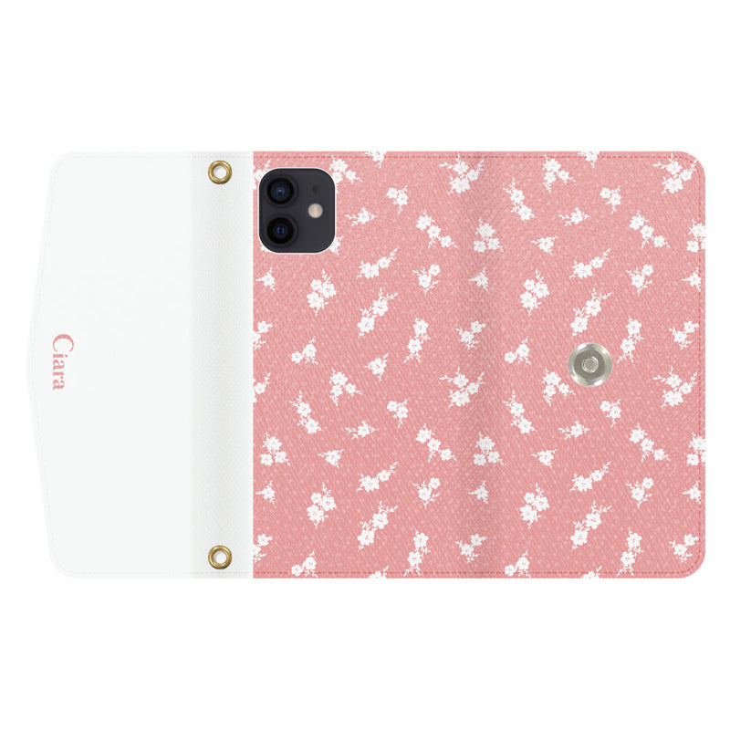 iPhoneケース カード収納 ミラー ストラップ付き レザー 三つ折り 手帳型ケース ドットフラワー