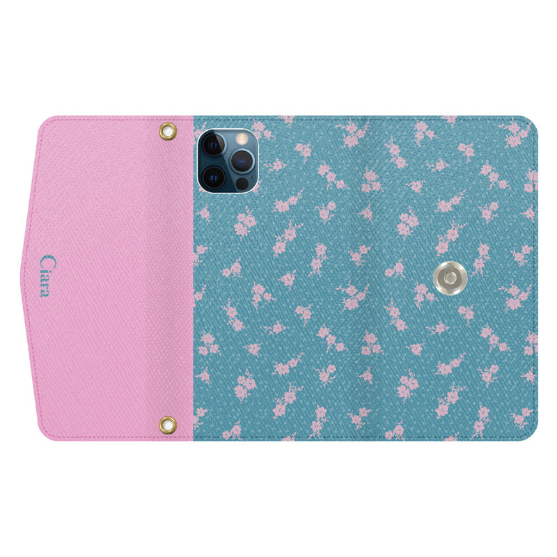 iPhoneケース カード収納 ミラー ストラップ付き レザー 三つ折り 手帳型ケース ドットフラワー