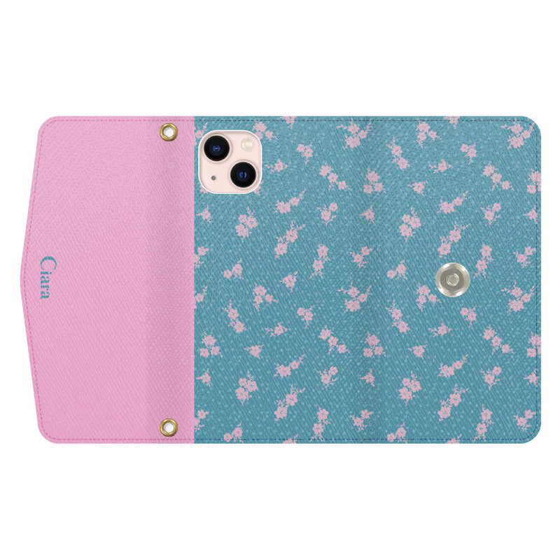 iPhoneケース カード収納 ミラー ストラップ付き レザー 三つ折り 手帳型ケース ドットフラワー