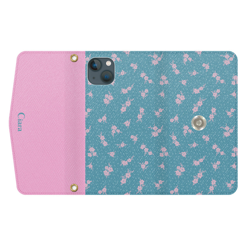 iPhoneケース カード収納 ミラー ストラップ付き レザー 三つ折り 手帳型ケース ドットフラワー