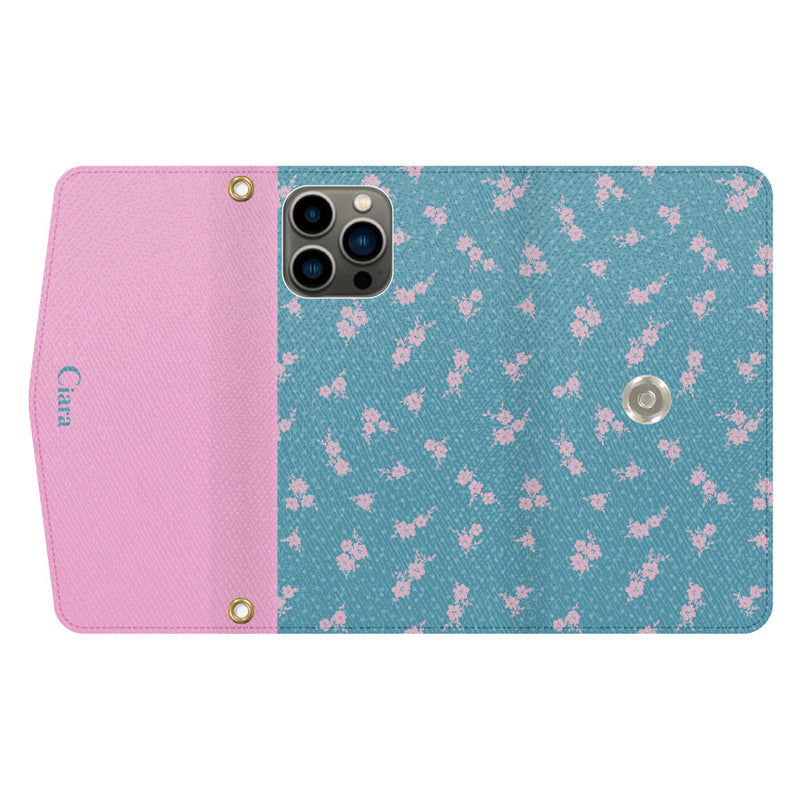 iPhoneケース カード収納 ミラー ストラップ付き レザー 三つ折り 手帳型ケース ドットフラワー