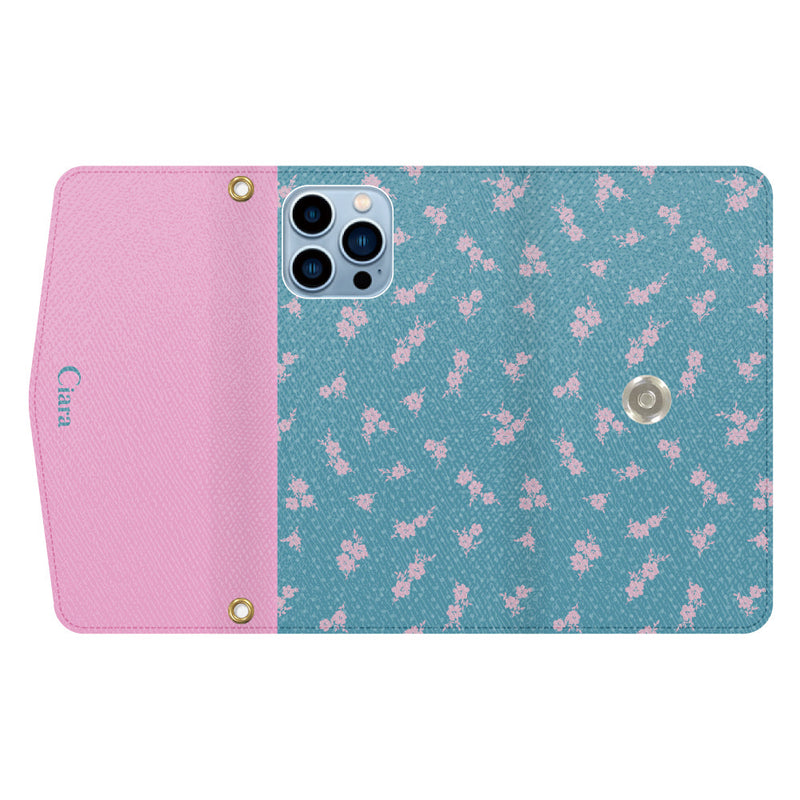 iPhoneケース カード収納 ミラー ストラップ付き レザー 三つ折り 手帳型ケース ドットフラワー