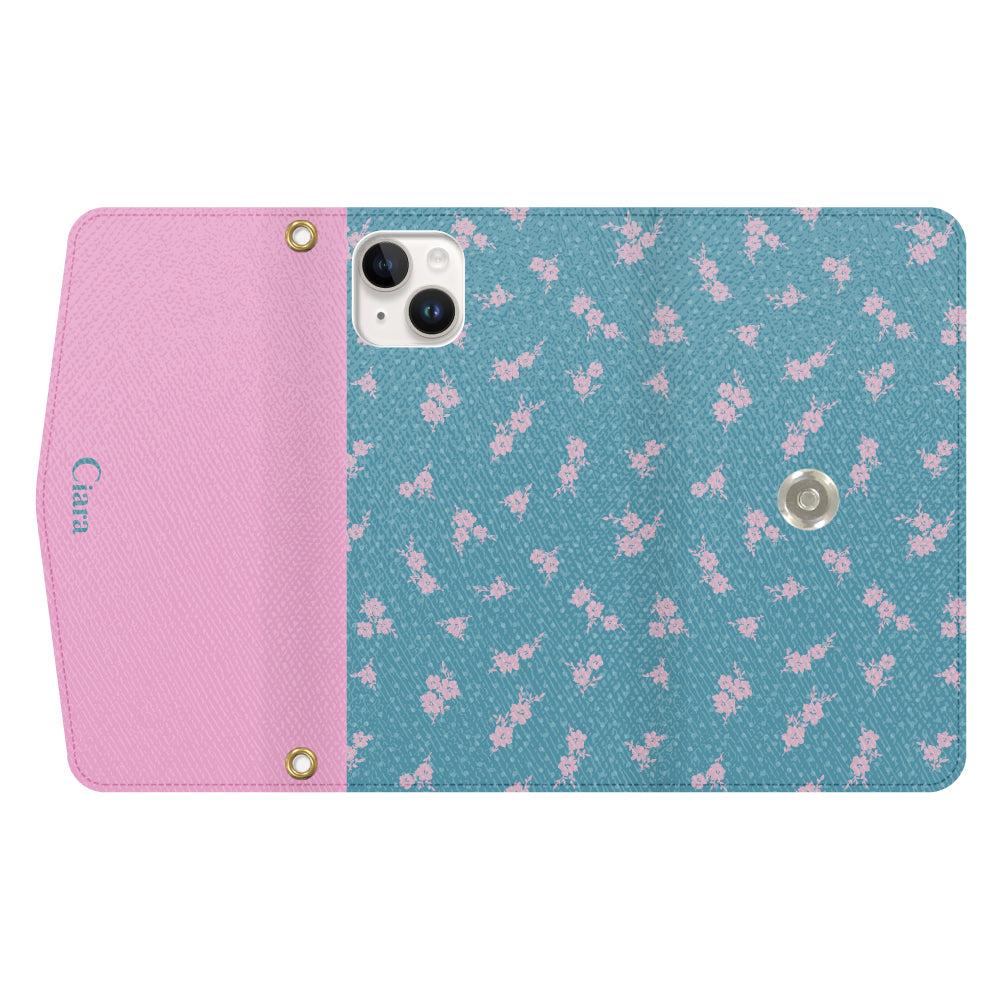 iPhone14ケース 手帳型カード収納レザーケース ドットフラワー ブルー