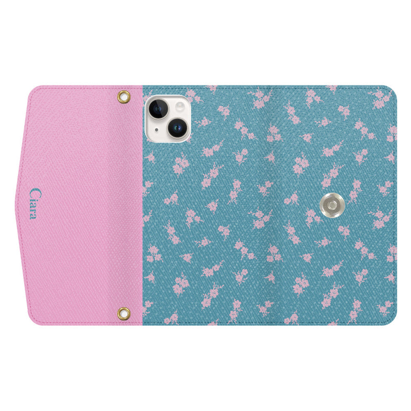 iPhoneケース カード収納 ミラー ストラップ付き レザー 三つ折り 手帳型ケース ドットフラワー