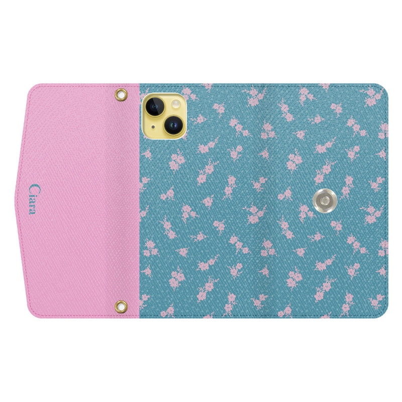 iPhoneケース カード収納 ミラー ストラップ付き レザー 三つ折り 手帳型ケース ドットフラワー