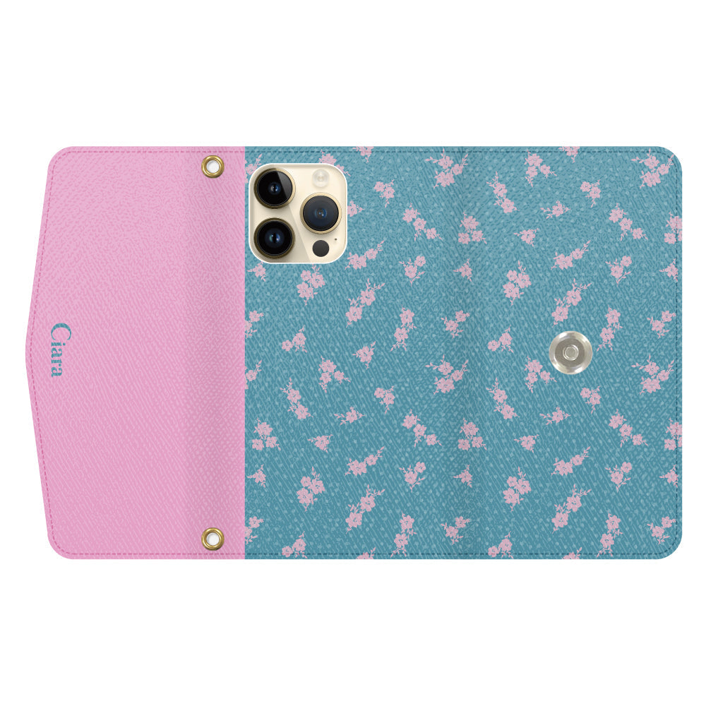 iPhone14Proケース 手帳型カード収納レザーケース ドットフラワー ブルー