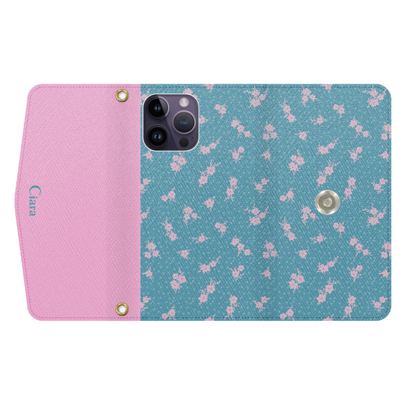 iPhoneケース カード収納 ミラー ストラップ付き レザー 三つ折り 手帳型ケース ドットフラワー