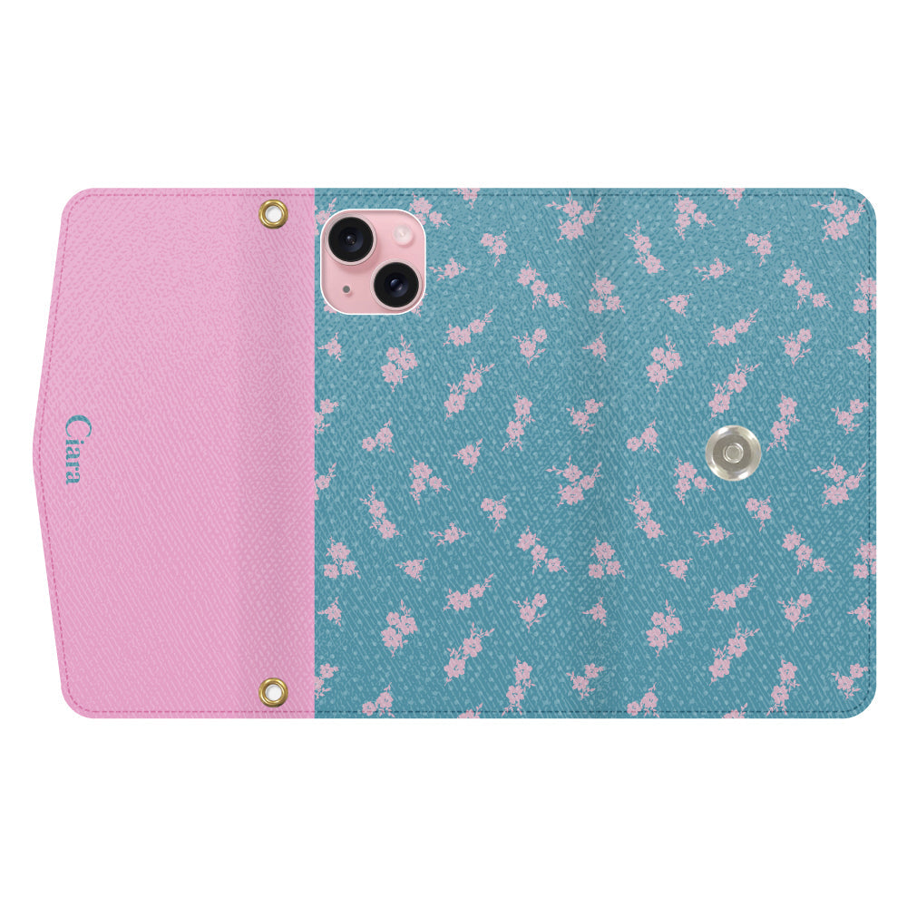 iPhone15ケース 手帳型カード収納レザーケース ドットフラワー ブルー