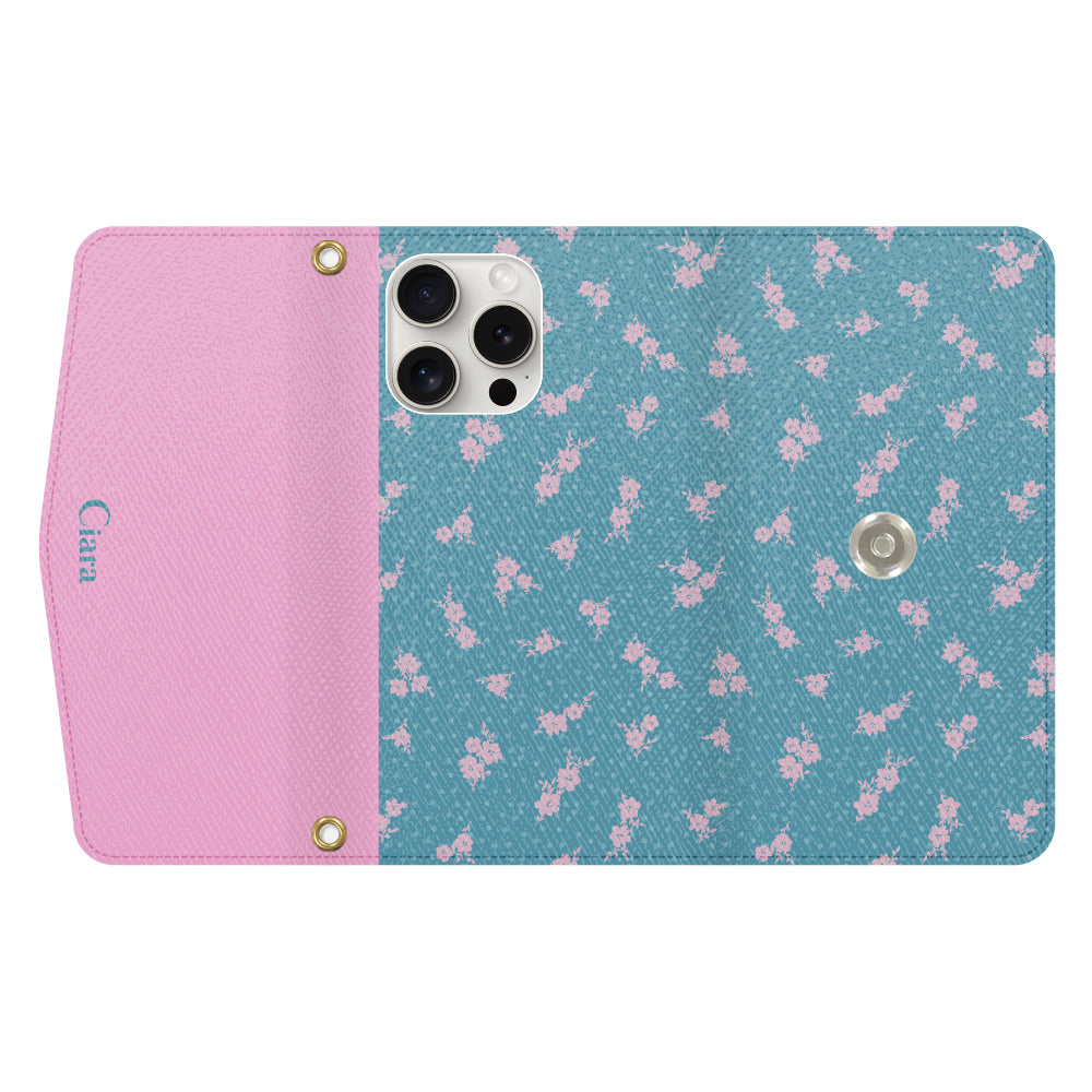 iPhone15ProMaxケース 手帳型カード収納レザーケース ドットフラワー ブルー