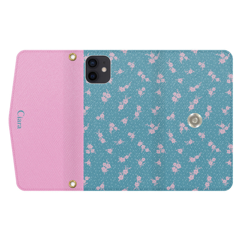 iPhoneケース カード収納 ミラー ストラップ付き レザー 三つ折り 手帳型ケース ドットフラワー