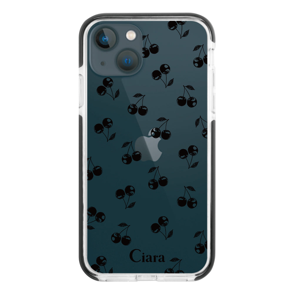 iPhone13mini クッションバンパー 耐衝撃クリアケース ロマンティックチェリー ブラック