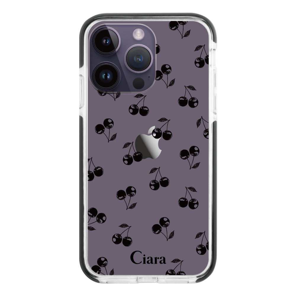 iPhone14ProMax クッションバンパー 耐衝撃クリアケース ロマンティックチェリー ブラック