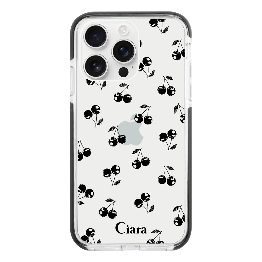 iPhone16ProMax クッションバンパー 耐衝撃クリアケース ロマンティックチェリー ブラック