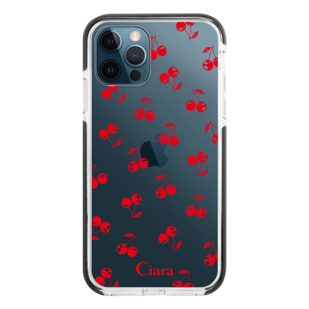 iPhone12ProMax クッションバンパー 耐衝撃クリアケース ロマンティックチェリー レッド