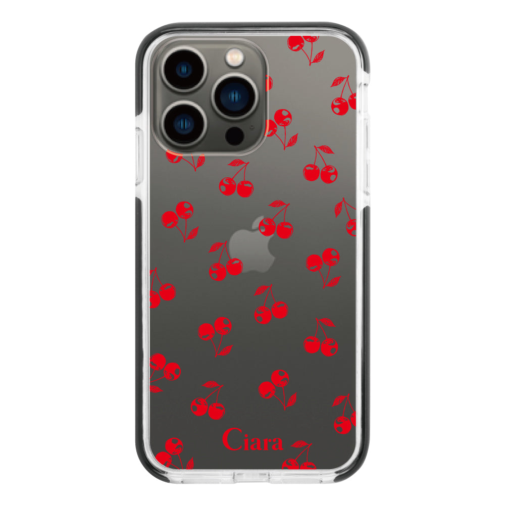 iPhone13Pro クッションバンパー 耐衝撃クリアケース ロマンティックチェリー レッド
