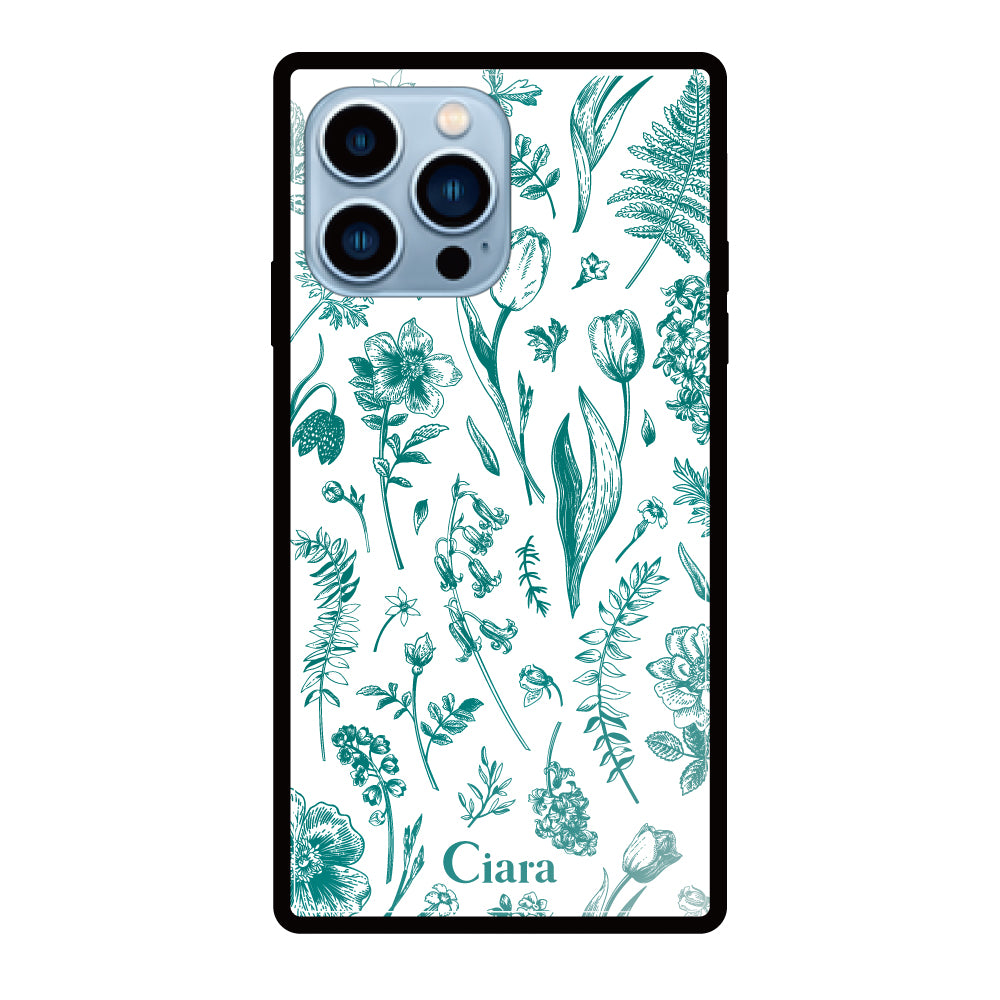 iPhone13ProMaxケース スクエア 強化ガラスケース ロマンティックフラワー グリーン