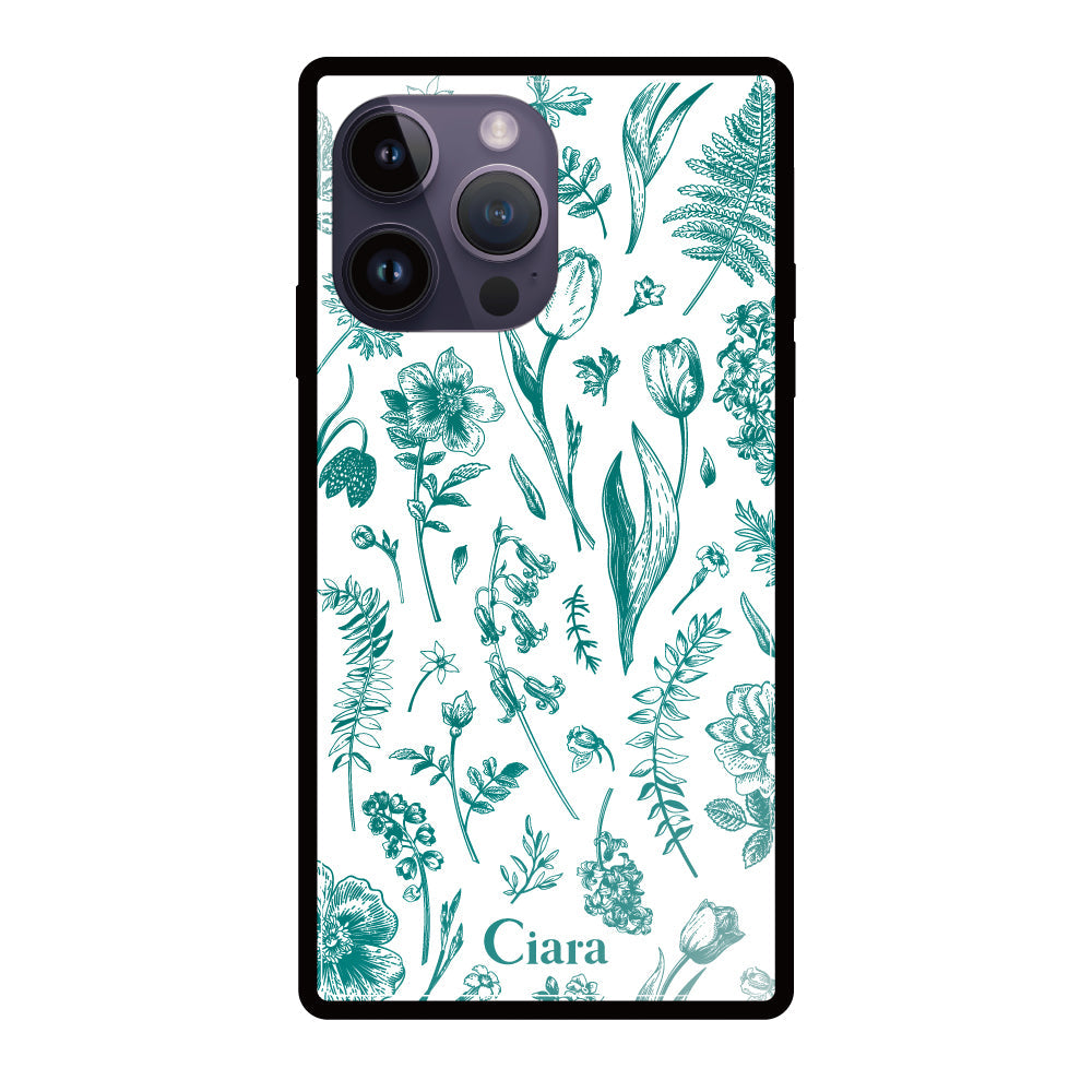 iPhone14ProMaxケース スクエア 強化ガラスケース ロマンティックフラワー グリーン