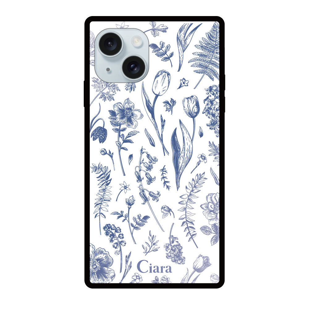 iPhone15Plusケース スクエア 強化ガラスケース ロマンティックフラワー グリーン