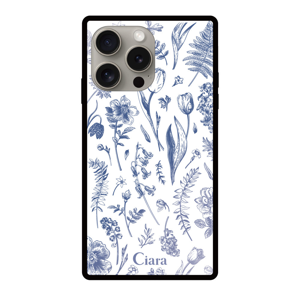 iPhone15Proケース スクエア 強化ガラスケース ロマンティックフラワー グリーン