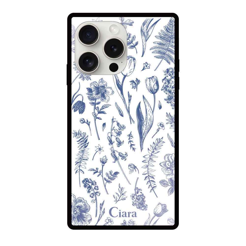 iPhone15ProMaxケース スクエア 強化ガラスケース ロマンティックフラワー グリーン