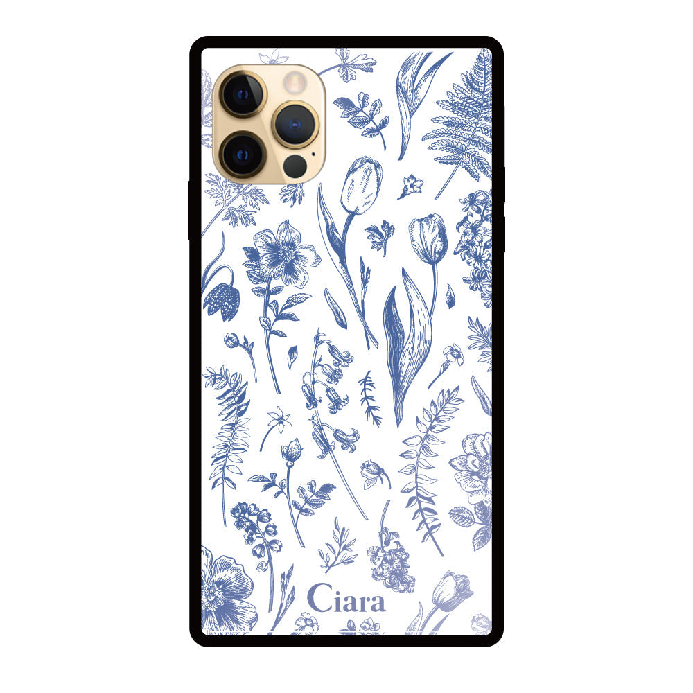 iPhone11ProMaxケース スクエア 強化ガラスケース ロマンティックフラワー ブルー