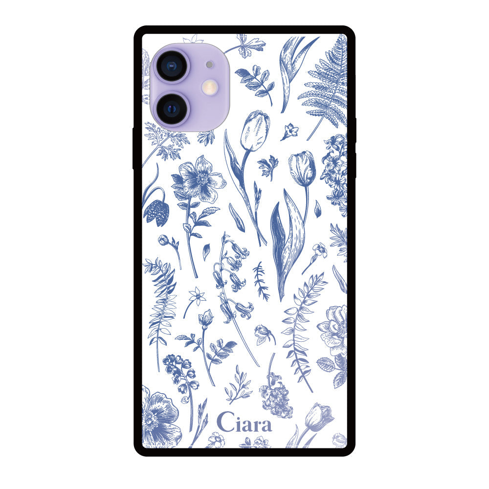 iPhone12/12Proケース スクエア 強化ガラスケース ロマンティックフラワー ブルー
