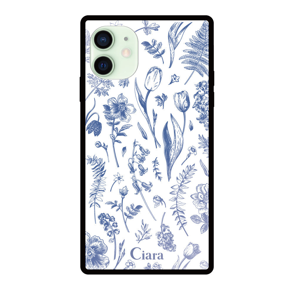 iPhone12miniケース スクエア 強化ガラスケース ロマンティックフラワー ブルー